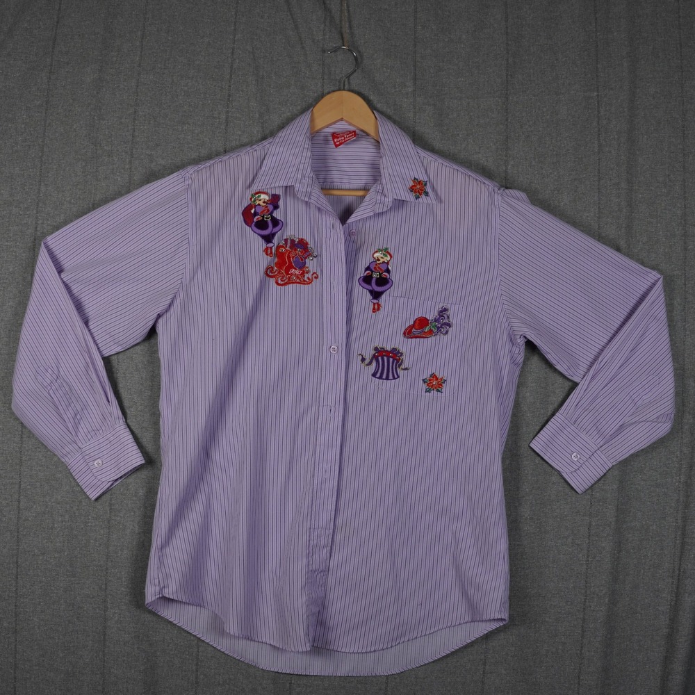 Ruby Sport Red Hat Society Purple Pinstripe Embroidered Button Down Shirt XL